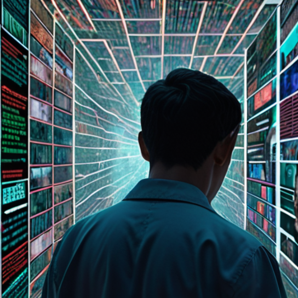 **Prompt:** A person standing overwhelmed amidst a chaotic torrent of glowing digital information, where headlines and images blur and distort. Screens display sensational, unverified news and deepfake-like faces, symbolizing information overload and the confusion of discerning truth in the AI era. Dark, disorienting atmosphere with data streams.