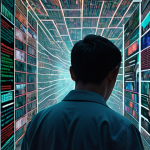 **Prompt:** A person standing overwhelmed amidst a chaotic torrent of glowing digital information, where headlines and images blur and distort. Screens display sensational, unverified news and deepfake-like faces, symbolizing information overload and the confusion of discerning truth in the AI era. Dark, disorienting atmosphere with data streams.