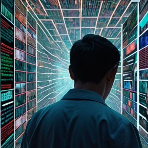 Home 13 **Prompt:** A person standing overwhelmed amidst a chaotic torrent of glowing digital information, where headlines and images blur and distort. Screens display sensational, unverified news and deepfake-like faces, symbolizing information overload and the confusion of discerning truth in the AI era. Dark, disorienting atmosphere with data streams.