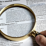 A person using a magnifying glass to examine the source code of a website, symbolizing the importance of checking information sources.
