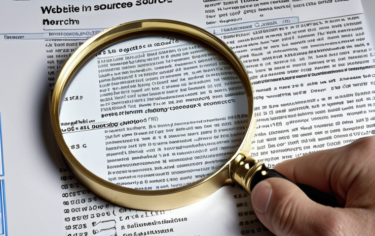 A person using a magnifying glass to examine the source code of a website, symbolizing the importance of checking information sources.